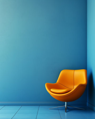 Stylish Yellow Chair in Blue Room with Natural Light and Plant Decor 3D Renderingの素材