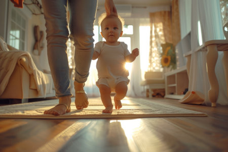 Babys First Steps Towards Parent in a Cozy and Sunny Living Roomの素材