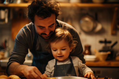 Warm Family Cooking Scene with Father Teaching Child the Joy of Culinary Artsの素材