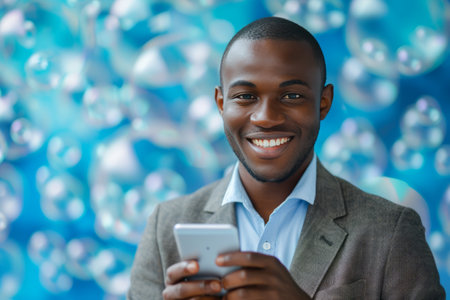 Networking on the Go: Businessman with Smartphone Surrounded by Virtual Chat Bubblesの素材