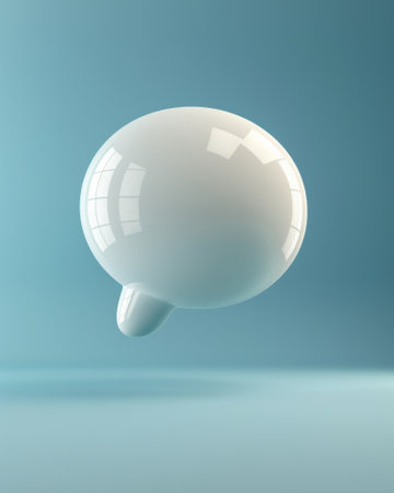 Contemporary Communication Icon: 3D Speech Bubble Floating on a Serene Blue Canvasの素材