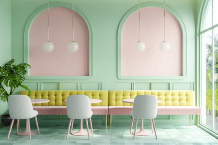 Vibrant Green Themed Cafe Interior with Pastel Seating and Modern Decorの素材