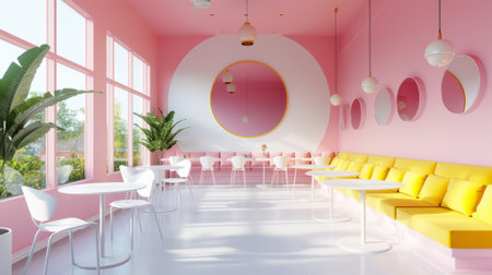 Modern Cafe Interior with Pastel Pink Sofas and Golden Yellow Benches under Soft Lightingの素材