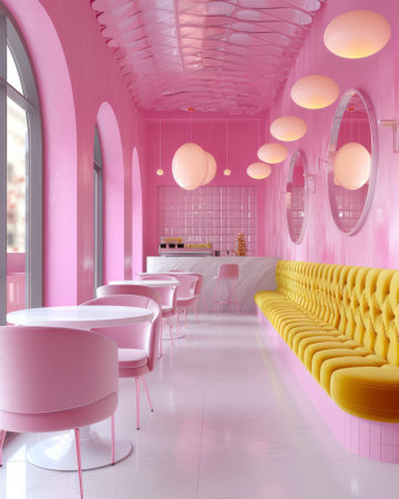 Futuristic Pink Cafe Interior with Arched Passages and Yellow Seatingの素材