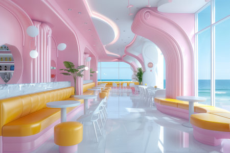 Vibrant and Welcoming Cafe Interior with Pastel Pink Walls and Sunshine Yellow Seatingの素材