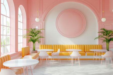 Contemporary Pink-Themed Cafe with Bold Yellow Seating and Minimalist Chic Decoの素材