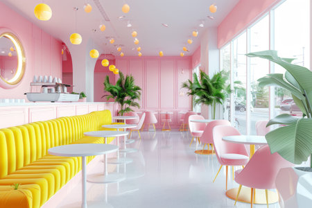 Chic Pink and White Themed Cafe Interior with Stylish Seating and Lush Plant Accents"の素材