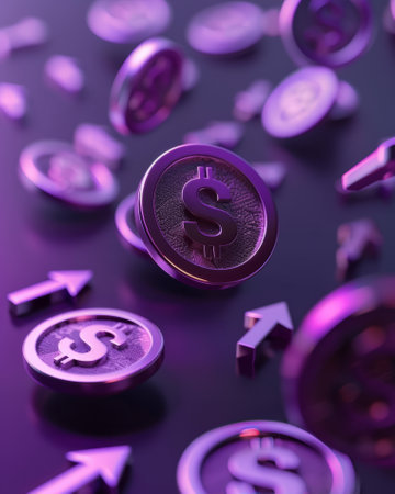 Violet Glow on Bitcoin Coin Over Dollar Bills with Upward Arrowsの素材