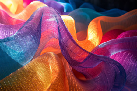 Flowing wavy transparent colorful fabric. Lightweight chiffon fabric dyed in rainbow colors with gradient. Close-up, selective focus.の素材