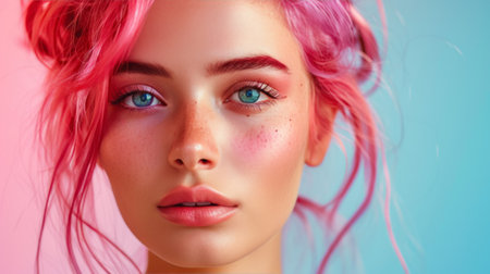 Close-up portrait of attractive young Caucasian woman with pink-dyed hair against colored studio background. Beautiful girl with charming blue eyes, freckles and bright makeup. Diversity in fashion.の素材