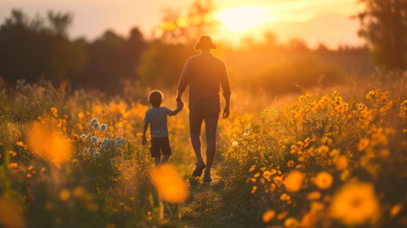 Rear view of father and kid in casual clothes walking along a path in the grass on a flowering meadow on beautiful summer evening. Happy family watching the setting sun enjoying their time together.の素材