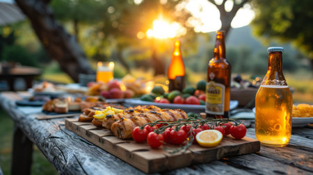 Big family garden party. Bottles of beer, large plates and bowls with meat, vegetables, fruits, berries and greenery on wooden table. Family dinner.の素材