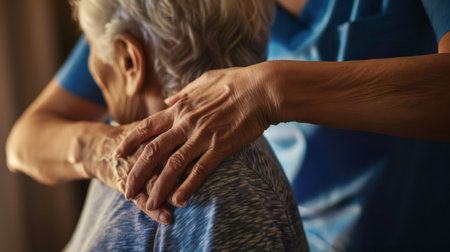 Professional caregiver providing comfort to elderly woman in home settingの素材