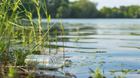 Polluted forest lake with discarded bottle on shore among wildflowers and grassの素材