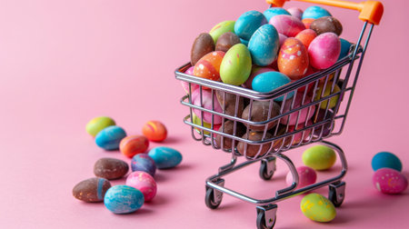 Colorful easter candy eggs in mini shopping cart on pink backgroundの素材