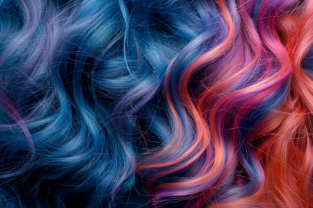 Abstract colorful wavy hair strands background with vibrant blue and pink tonesの素材
