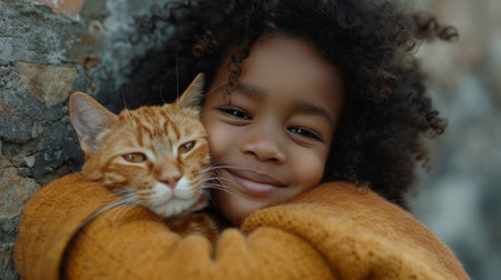 Happy child embracing ginger cat, joyful moment between girl and petの素材
