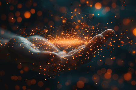 Open hand with sparkling magical dust and network connections conceptの素材
