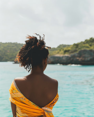 Serene woman gazing at sea, tranquil vacation scene with calm watersの素材