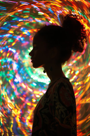Silhouette of young woman against vibrant bokeh lights backgroundの素材
