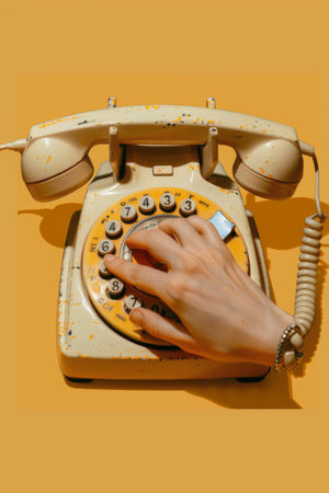 Human finger dialing on vintage rotary phone with yellow backgroundの素材