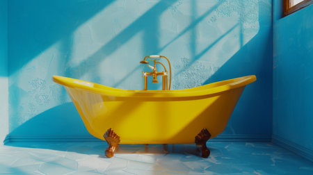 Modern bright yellow bathtub in elegant dark blue bathroom interior designの素材