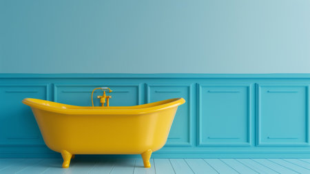 Elegant yellow clawfoot bathtub in a classic blue bathroom interior designの素材