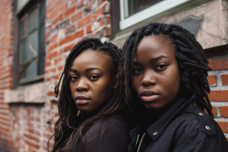 Confident young women standing together in urban settingの素材