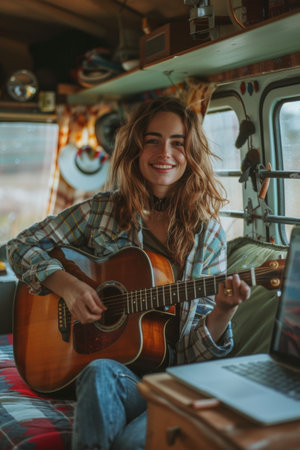 Smiling young woman playing acoustic guitar inside cozy camper vanの素材