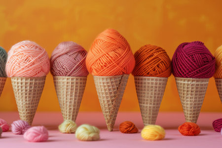 Colorful yarn balls in ice cream cones on pink background conceptの素材