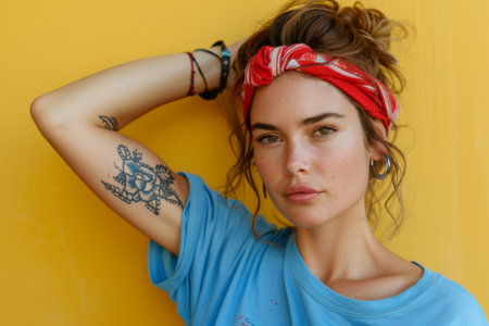 Confident mature woman with red headband against yellow backgroundの素材