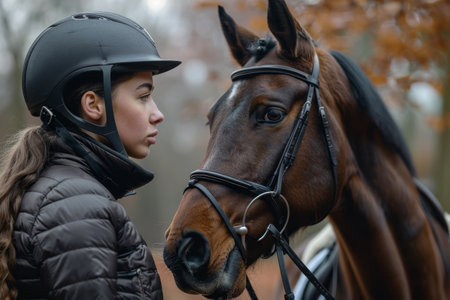 Serene woman embracing horse in golden hour light, nature connection themeの素材