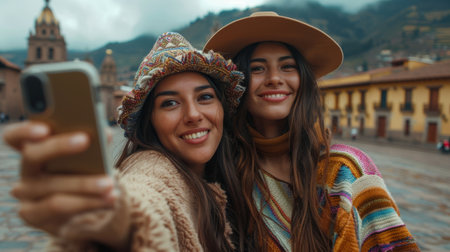 Three smiling women in traditional andean clothing taking a selfieの素材