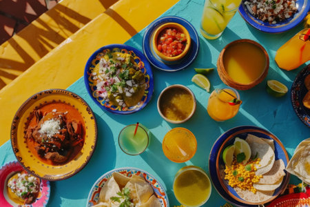 Colorful mexican food spread on a sunny table with drinks and cactusの素材