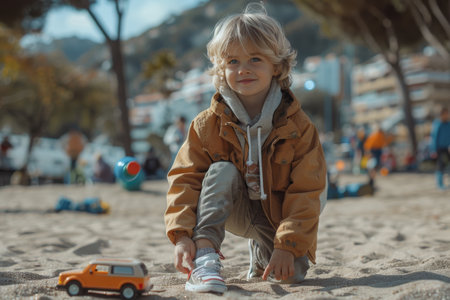 Happy boy playing with toy car on sandy beach playgroundの素材
