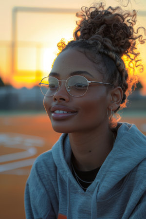 Happy young woman with dreadlocks enjoying golden hour outdoorsの素材