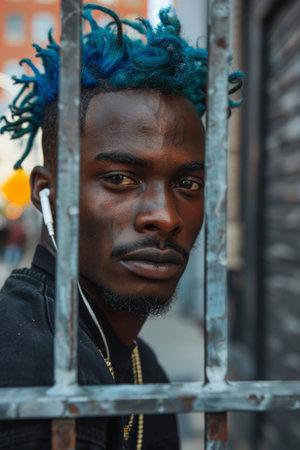 Stylish young man with blue headphones and colorful fashion listening to music urban settingの素材