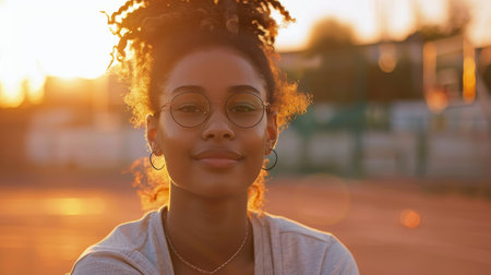 Smiling young woman with glasses at sunset in casual hoodie outfitの素材