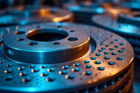 Close-up shot of steel vehicle brake disk in assembly shop at a car factory. Automotive parts and assemblies. Shallow depth of field.の素材