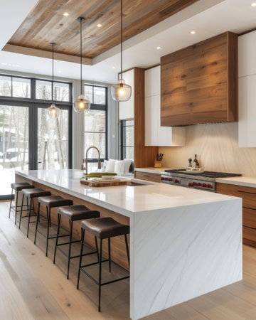 Interior of modern minimalist spacious kitchen with kitchen island. Combination of shades of grey and wood texture, noble finishing materials, built-in home appliances. Contemporary home design.の素材