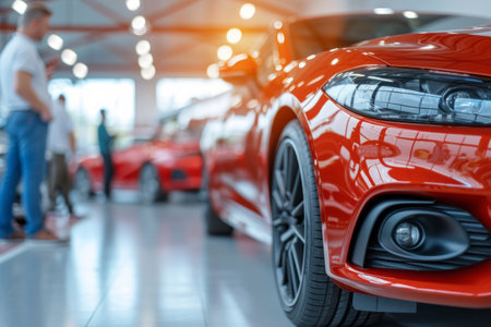 Spacious showroom with many brand new cars. Customers walking around, looking at cars and thinking over a purchase. Car retail concept.の素材
