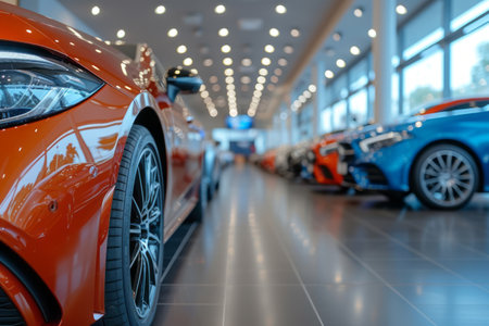 Spacious showroom with many brand new cars. Customers walking around, looking at cars and thinking over a purchase. Selective focus, shallow depth of field. Car retail concept.の素材