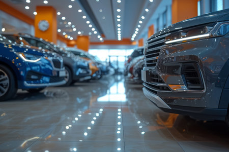 Spacious showroom with many brand new cars. Customers walking around, looking at cars and thinking over a purchase. Selective focus, shallow depth of field. Car retail concept.の素材