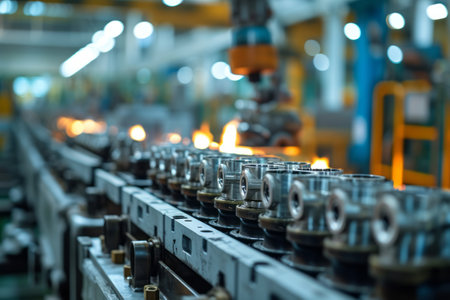 Close-up of an engine cylinders assembly line at modern automotive production facility. High precision robotic assembly line. Automotive & technology markets industry.の素材