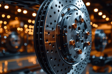Close-up of steel vehicle brake disk in assembly shop at a modern car plant. Automotive parts and assemblies. Shallow depth of field, toned image.の素材