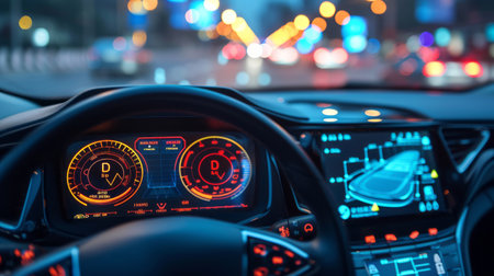 Close-up view of modern car dashboard and steering wheel. Electronic vehicle monitoring and control system with a full range of navigation, security systems and computer diagnostics.の素材