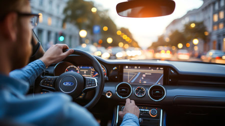 Close-up of drivers hands on a steering wheel of a modern luxury car riding on a city street. Car dashboard with electronic controls. Safe driving.の素材