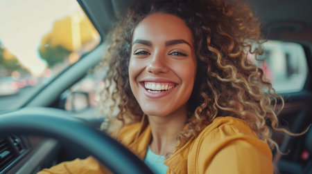 Close-up portrait of young female with glad positive expression, driving a car in a city street. Happy smiling woman enjoys driving. Responsible people, safe driving concept.の素材