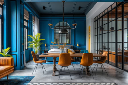 A chic dining room with luxurious blue walls, a double bed, a central wooden table surrounded by orange chairs, a marble floor, and green potted plants. Copy space.の素材