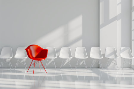 One red chair stands out among a row of white chairs in a bright, minimalist roomの素材